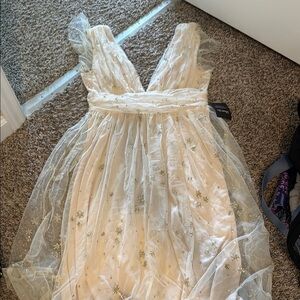 Baltic Born Cream Tulle Embellished V-Neck Dress